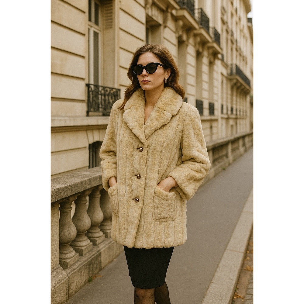 Vtg Juicy Couture Faux Fur Coat Womens M Beige Plush Mob Wife Old Money Y2K Glam